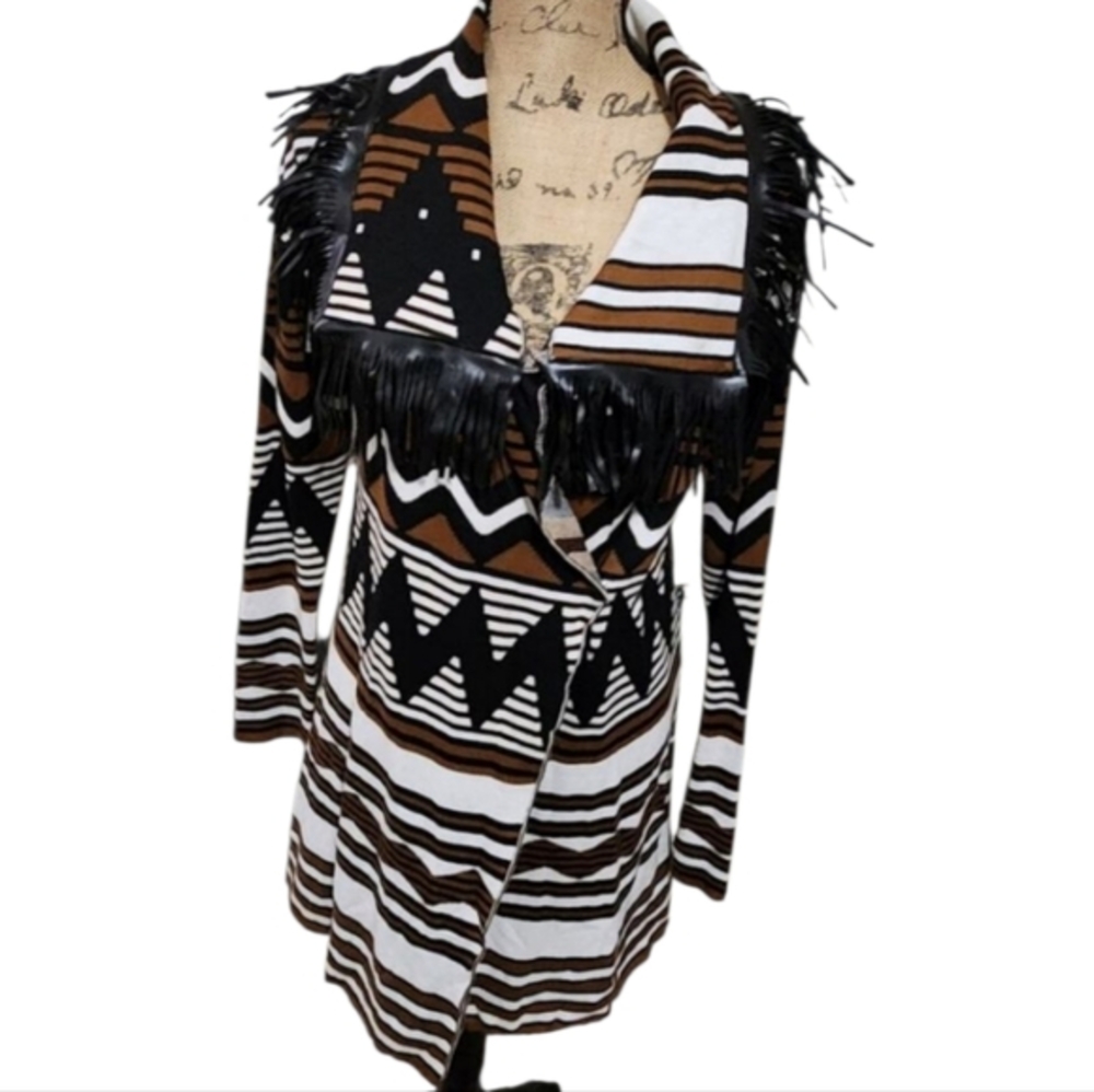 Tricotto Aztec Western Vegan leather Fringe duster cardigan sweater size XS NEW‎